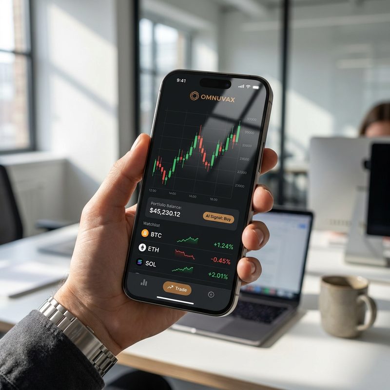 Mão segurando um celular com o aplicativo da Omnuvax aberto, exibindo gráfico de candles, saldo da carteira, sinal de compra da IA e lista com BTC, ETH e SOL