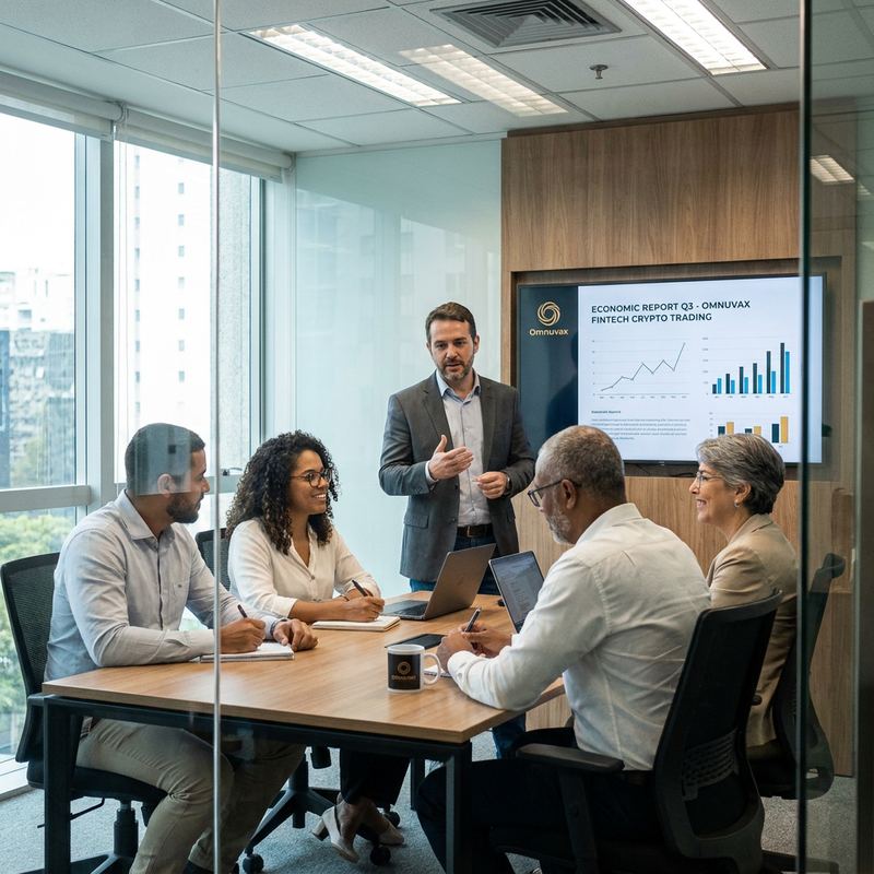 Equipe da Omnuvax reunida em uma sala de reuniões em São Paulo, analisando o relatório econômico do terceiro trimestre exibido em uma tela